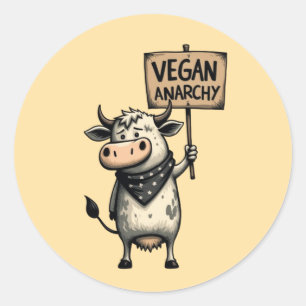 Pegatina Redonda Anarquía Vegana – Vaca Rebelde en Protesta