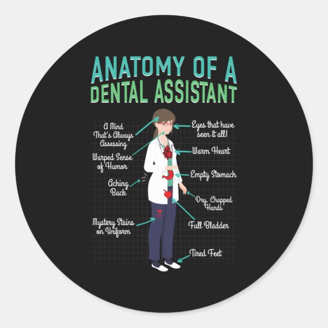 Pegatina Redonda Anatomía De Auxiliar Dental De Higienista Dentista (Anverso)