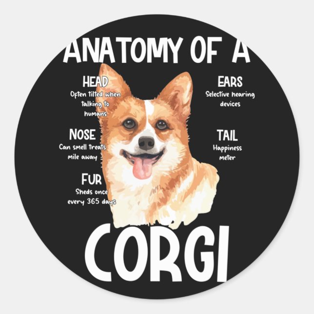 Pegatina Redonda Anatomía De Un Corgi Para Los Amantes Del Perro (Anverso)