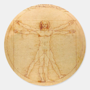 Pegatina Redonda Anatomía humana, hombre de Vitruvian de Leonardo