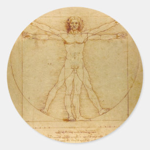 Pegatina Redonda Anatomía humana, hombre vitruviano de Leonardo da 