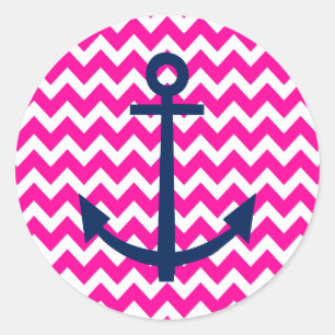 Pegatina Redonda Anchor Chevron Nautical Pink and Navy