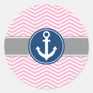 Pegatina Redonda Anchor Náutico Rosa Chevron
