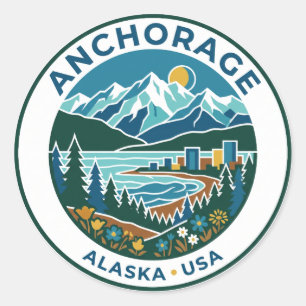 Pegatina Redonda Anchorage, Alaska, EE. UU.