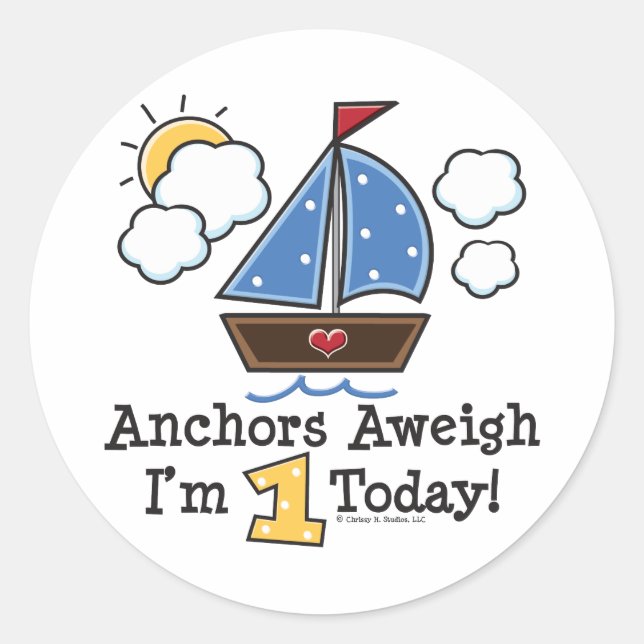 Pegatina Redonda Anchors Aweigh Sailboat Pegatinas del primer cumpl (Anverso)