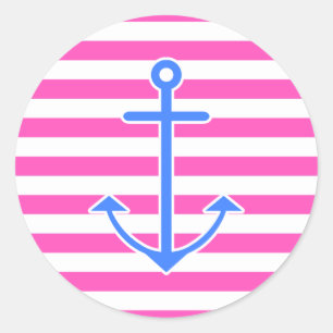 Pegatina Redonda Ancla azul náutica rosada