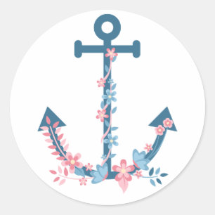 Pegatina Redonda Ancla de barco floral náutico rosa y azul