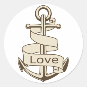 Pegatina Redonda Ancla de barco marrón náutico amor