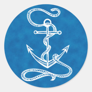 Pegatina Redonda Ancla de barco náutico acuarela océano azul marine