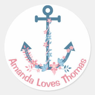 Pegatina Redonda Ancla de barco náutico personalizada rosa azul