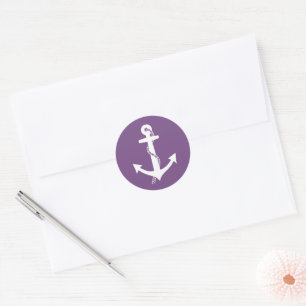 Pegatina Redonda Ancla Náutica Chic Morado y Blanco
