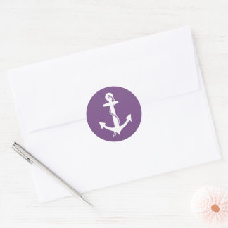 Pegatina Redonda Ancla Náutica Chic Morado y Blanco 