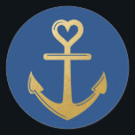 Pegatina Redonda Ancla náutica romántica del corazón<br><div class="desc">Anuncio de Relieve metalizado falso dorado con corazón en la parte superior de un pegatina simple perfecto para sellos de invitación a la boda náutica o de crucero o etiquetas de favores. Haga clic en PERSONALIZAR MÁS AÚN para cambiar el color de fondo para coordinar con la celebración o para...</div>