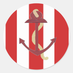Pegatina Redonda Ancla roja sobre rayas rojas y blancas