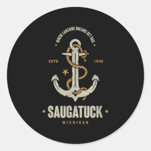 Pegatina Redonda Ancla Vintage Retro Saugatuck Michigan Embarcacion