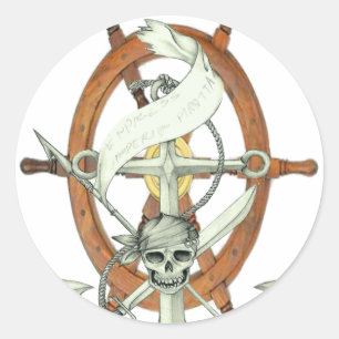 Pegatina Redonda Anclaje de Barco Pirata de Calavera