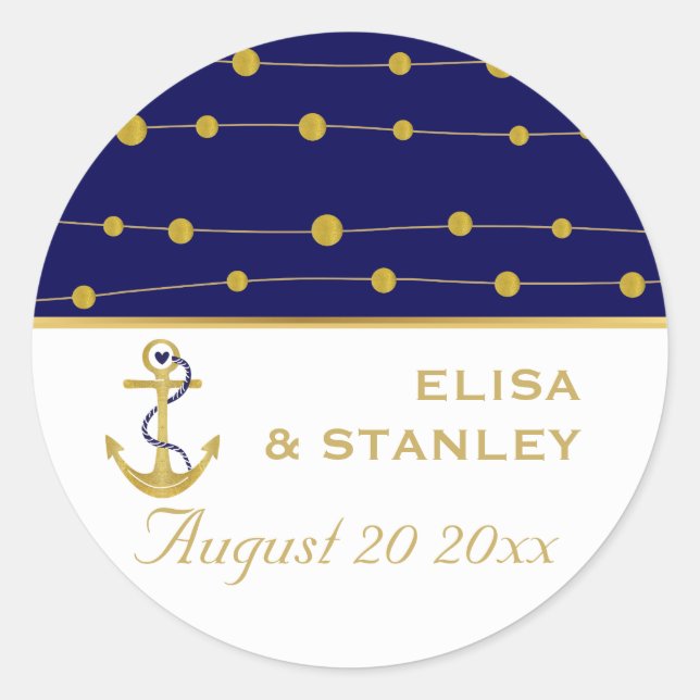 Pegatina Redonda anclaje de Relieve metalizado dorado boda azul mar (Anverso)