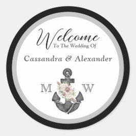 Pegatina Redonda Anclaje floral Boda náutico negro y blanco