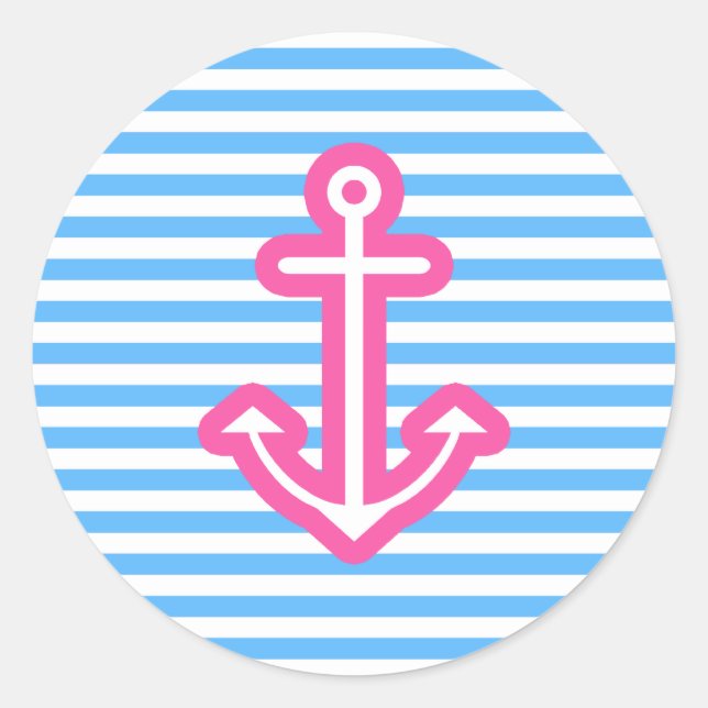 Pegatina Redonda Anclaje rosa nautico azul (Anverso)