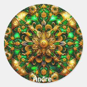 Pegatina Redonda ANDRE ~ Navidades brillantes de color verde y oro