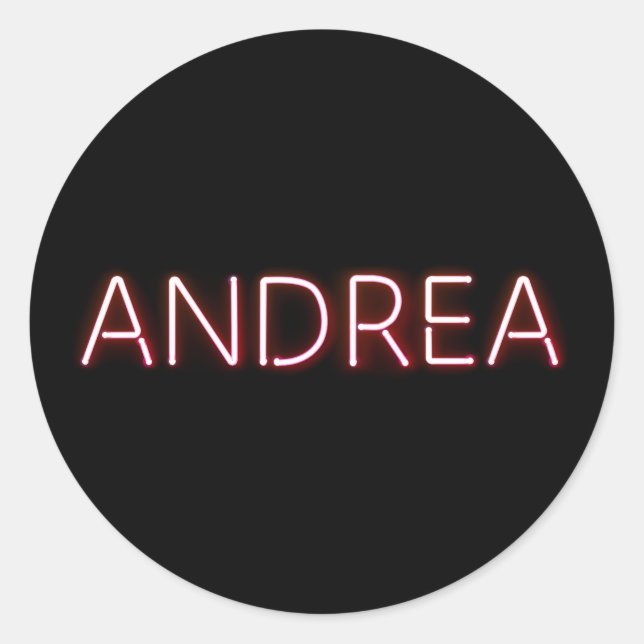 Pegatina Redonda Andrea Nombre en las brillantes luces de neón (Anverso)