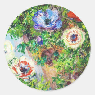 Pegatina Redonda Anémonas en pintura floral Pot Claude Monet