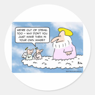 Pegatina Redonda Ángel aconsejó a Dios crear personas.