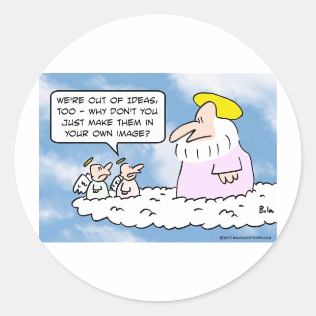 Pegatina Redonda Ángel aconsejó a Dios crear personas. (Anverso)