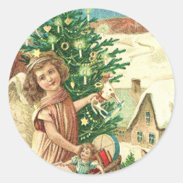 Pegatina Redonda Angel bringing Christmas gifts and presents
