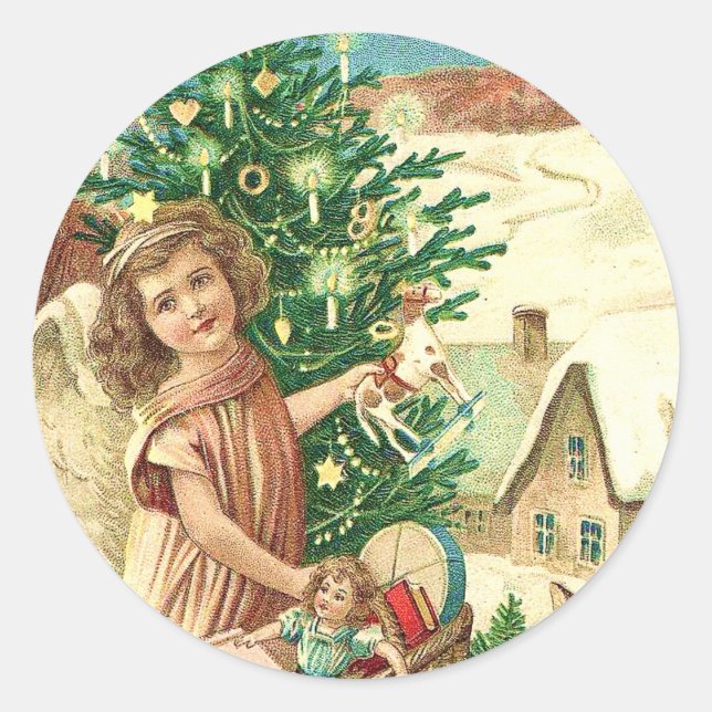 Pegatina Redonda Angel bringing Christmas gifts and presents (Anverso)