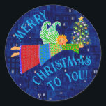 Pegatina Redonda Angel Christmas Tree<br><div class="desc">Feliz Ángel de Navidad con árbol de Navidad disponible en varios tamaños,  y también puedes cambiar el texto en la parte posterior a tu propio mensaje personal.</div>