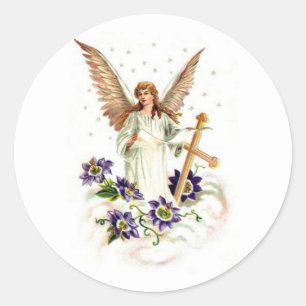 Pegatina Redonda Ángel con cruz y flores de clemátide