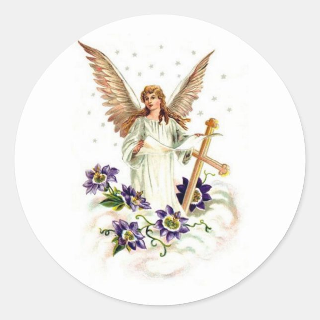 Pegatina Redonda Ángel con cruz y flores de clemátide (Anverso)