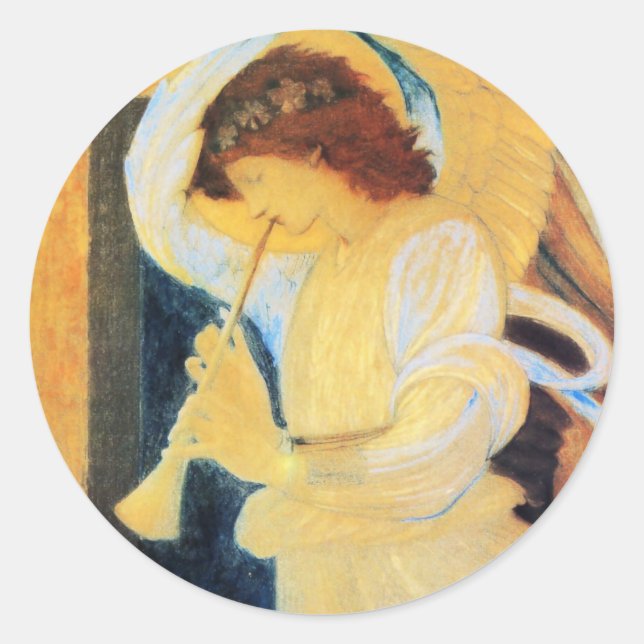 Pegatina Redonda Ángel con Trumpet, Bella Artes de Burne-Jones (Anverso)