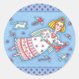 PEGATINA REDONDA ANGEL DE ARTE FOLK, CAT Y CORAZONES DE VUELO VALEN