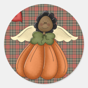 Pegatina Redonda ángel de calabaza afroamericano