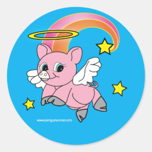 Pegatina Redonda Ángel de cerdo en vuelo