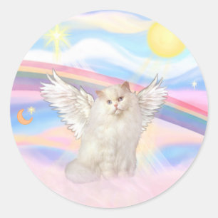 Pegatina Redonda Ángel de gato persa blanco en las nubes