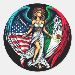 Pegatina Redonda Ángel de la bandera de Estados Unidos y México woM