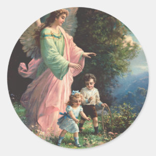 Pegatina Redonda Ángel de la guarda protegiendo a los niños cerca d