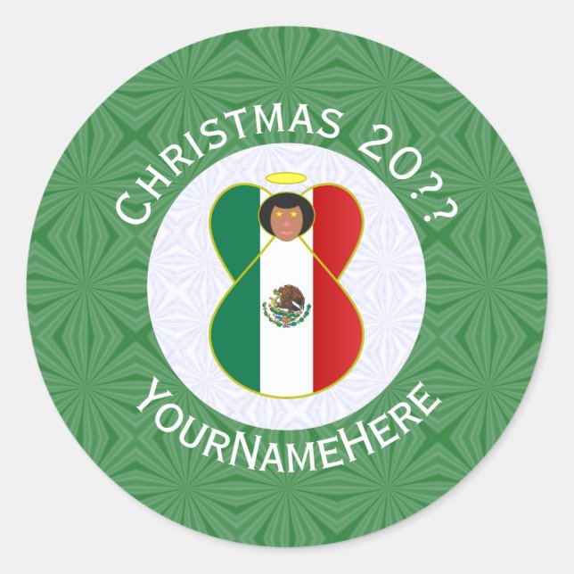 Pegatina Redonda Ángel de Navidad de Bandera Mexicana Personalizado (Anverso)