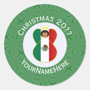 Pegatina Redonda Ángel de Navidad de Bandera Mexicana Personalizado