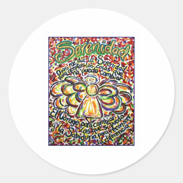 Pegatina Redonda Ángel de oración de la serenidad (texto en español (Anverso)