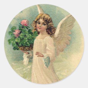 Pegatina Redonda Ángel de Pascua Victoriano Antiguo con Flores