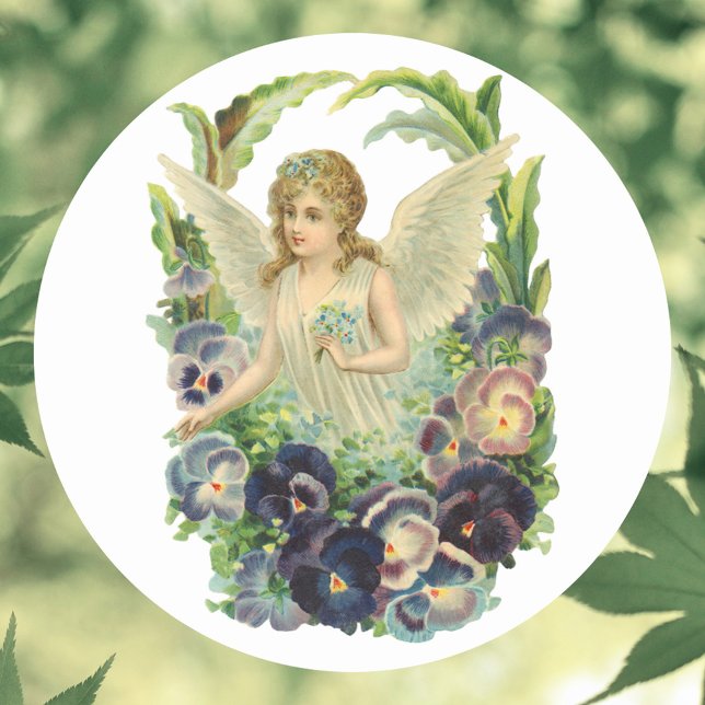 Pegatina Redonda Ángel de Pascua victoriano con flores de púrpura (Subido por el creador)