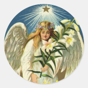 Pegatina Redonda Ángel de Pascua Vintage, Cordero, Flor Lily, Estre