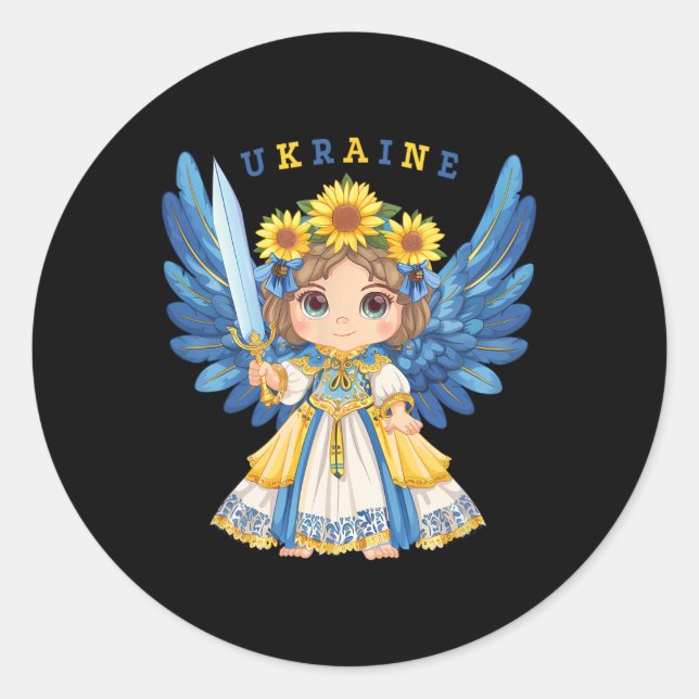 Pegatina Redonda Ángel de Ucrania-defensor de Ucrania (Anverso)