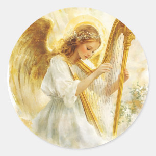 Pegatina Redonda Ángel dorado Arte religioso católico angelical mod