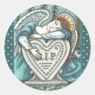 PEGATINA REDONDA ANGEL GUARDIANO AMABLE, LUTO DE CEMETERY ART RIP
