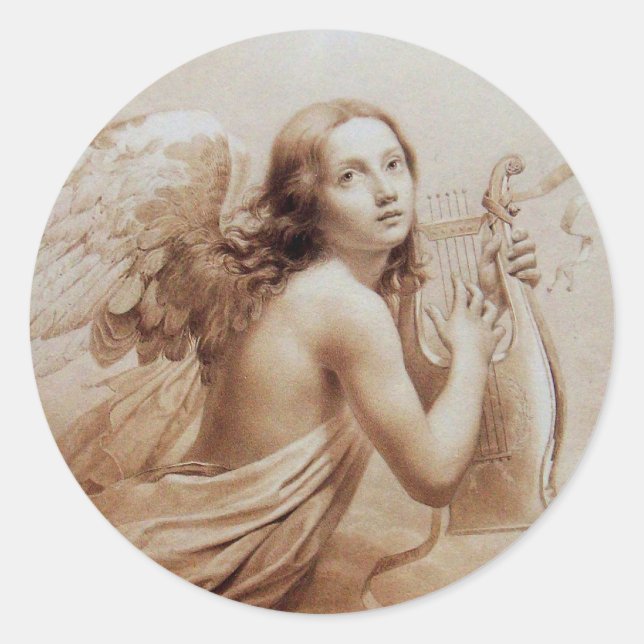 PEGATINA REDONDA ANGEL JUGANDO LYRA SOBRE LAS NUBES (Anverso)
